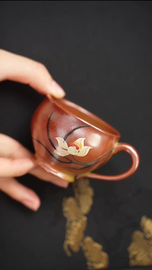 茶壶紫砂高温段泥火云烧荷花泥绘把杯100cc