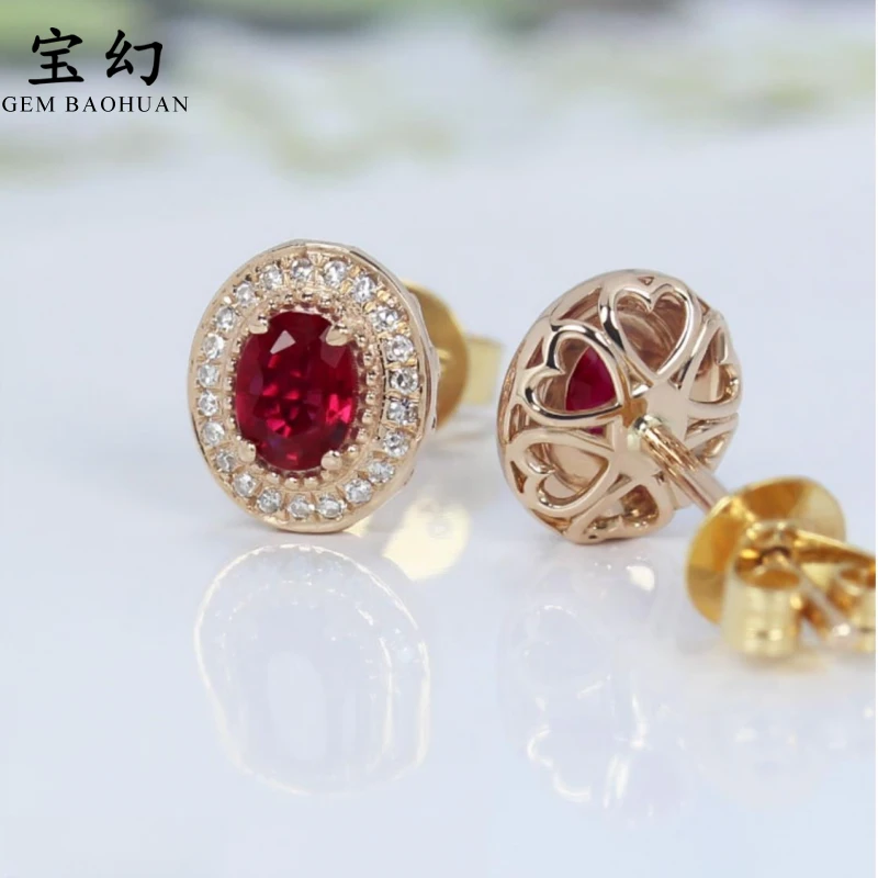 18K玫瑰金天然红宝石蕾丝耳钉 明艳正玫红色满镶钻石耳环女款