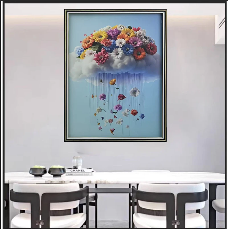 Q290花海瀑布时尚餐厅客厅轻奢挂画钢化玻璃装裱实物鎏金画装饰画