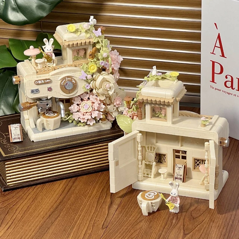 积木永生花拼装玩具咖啡机模型高颜值拼图手工diy生日礼物送女生