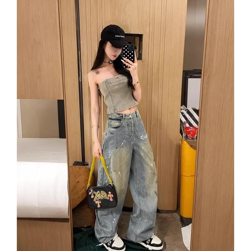 蓝色复古高腰牛仔裤女做旧水洗宽松休闲设计阔腿出游长裤KSB653