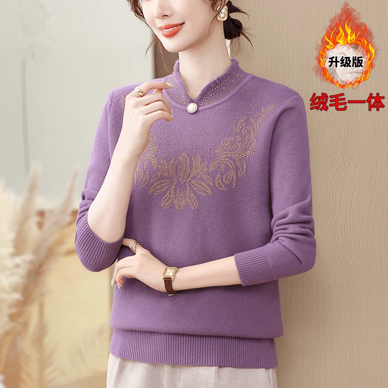 新中式妈妈冬装新款旗袍领加绒毛衣中老年女装加厚保暖打底衫洋气