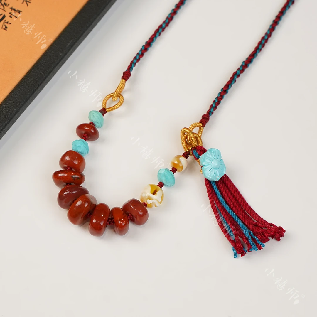 【丹瑞】原矿南红瓦西料火焰纹绿松沁色蜡设计款项链多样性发一