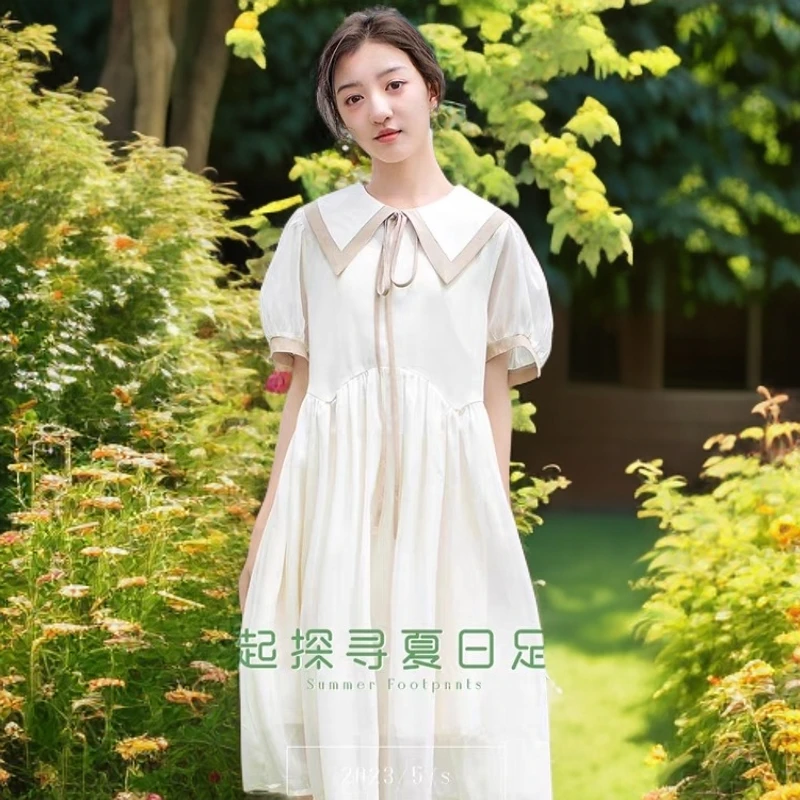 短袖夏季女连衣裙大童学院风裙子女童高智淡人风泡泡袖气质显瘦