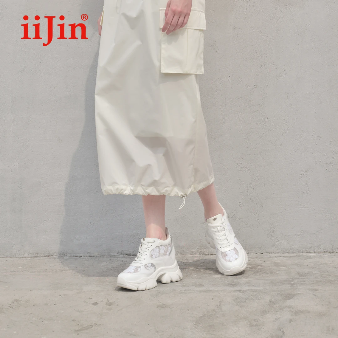iiJin艾今24新品9cm厚底内增高珠片网面透气休闲老爹鞋女YF972DXH