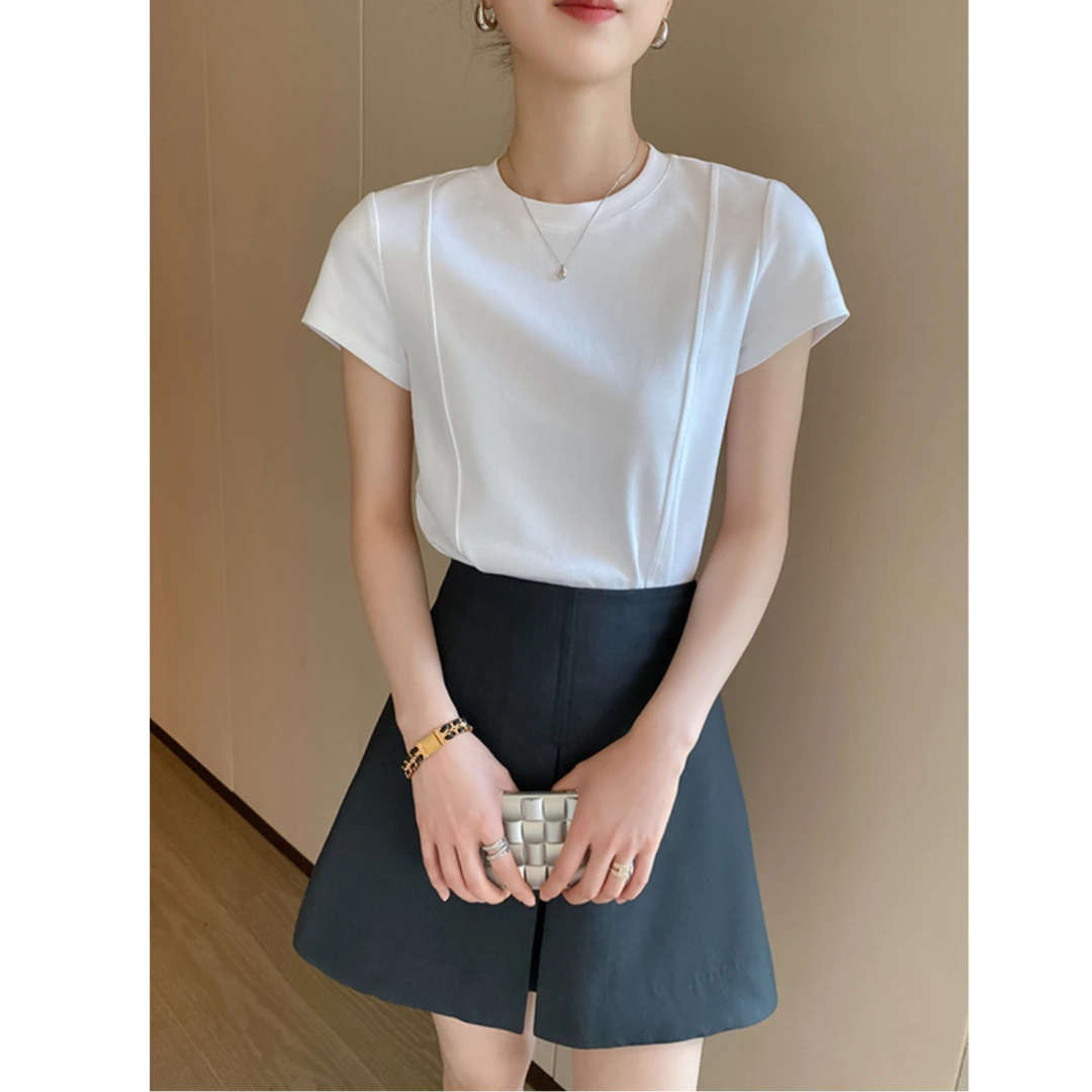 欧货气质白色正肩圆领短袖T恤女夏2025新款设计感小众休闲上衣潮