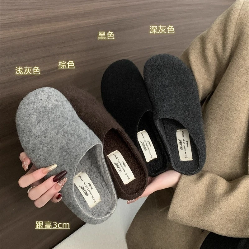 3cm毛呢厚底勃肯鞋女2025秋冬外穿休闲圆头包头半拖鞋加绒穆勒鞋