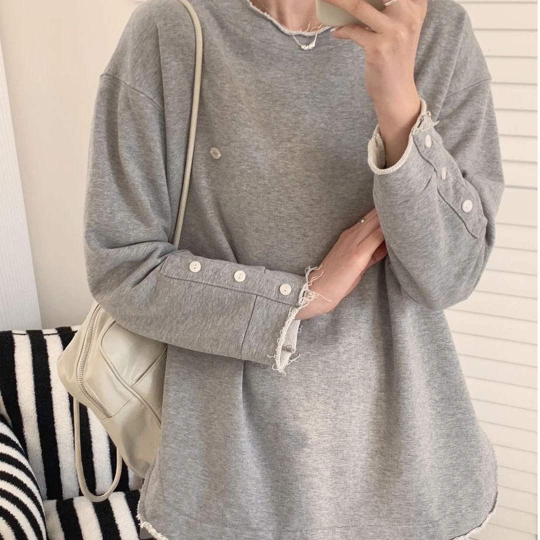 YD-[e*g卷边卫衣]韩单！25早春时尚百搭圆领女上衣卫衣