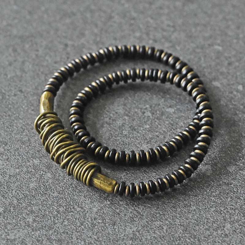 黄铜木质手链 个性百搭民族风手工铜饰手链男 复古潮流设计手串女