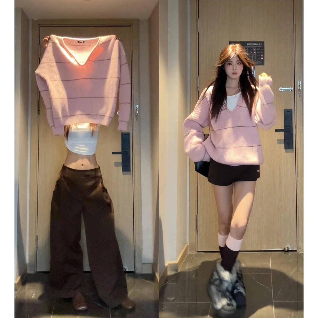 parkyeon秋季新款韩系慵懒粉色套头针织女宽松高级感休闲裤套装