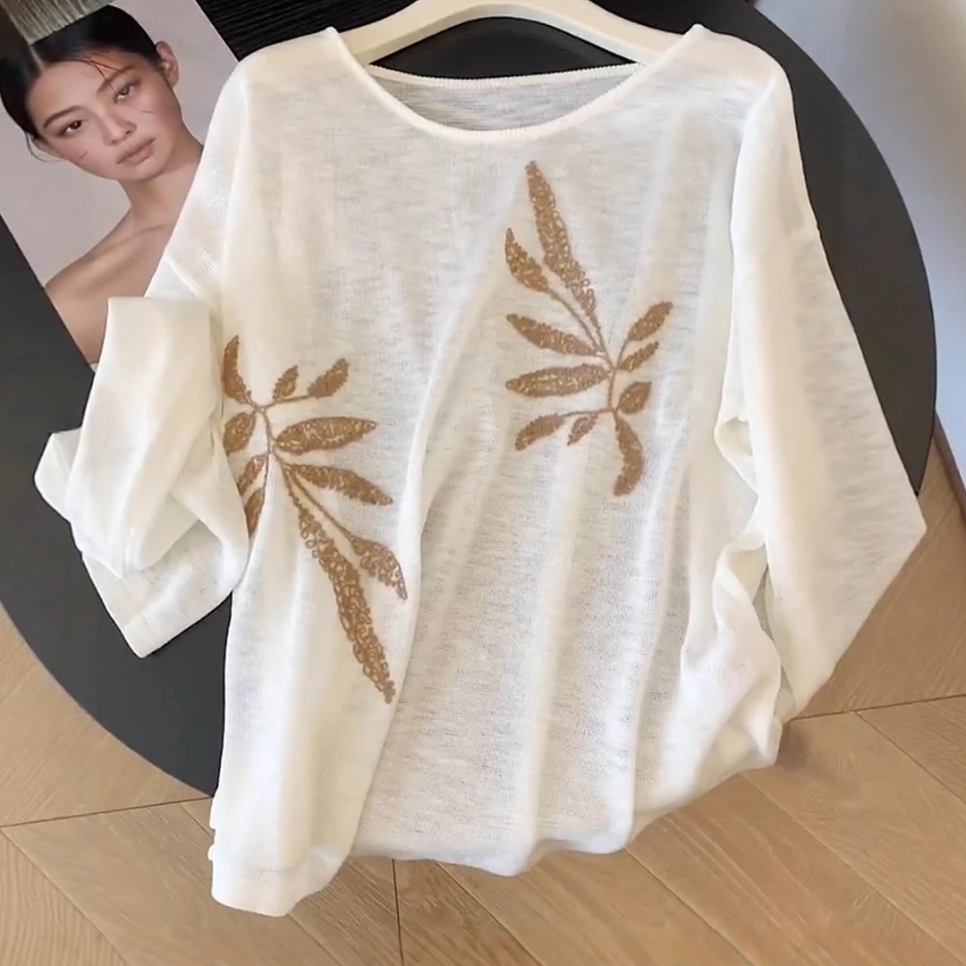 设计感小众刺绣针织长袖T恤女装秋季新款巨好看薄款休闲百搭上衣