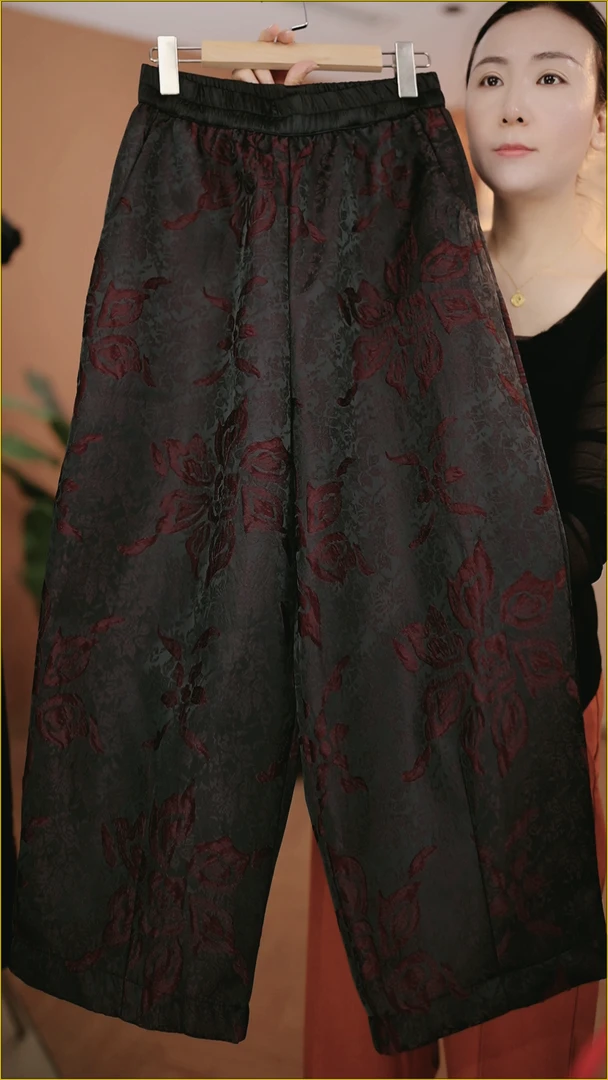 宝相花新款气质百搭高腰阔腿裤（DP15/雨愈/文/龙/红）