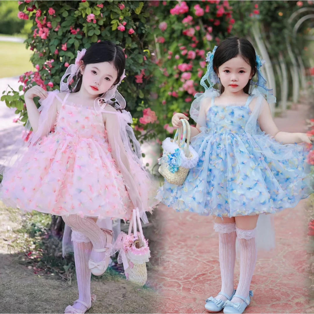 三色蝶影洛丽塔吊带连衣裙女童夏季儿童公主裙子生日宝宝
