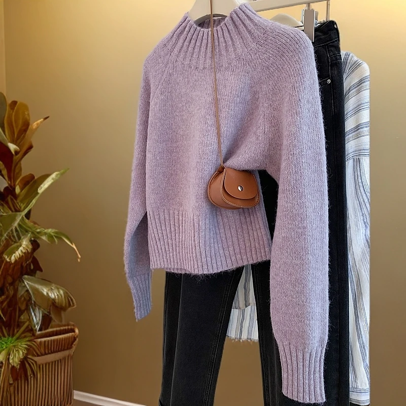 紫色半高领加厚针织毛衣女2024冬短款小个子慵懒内搭欧货套头上衣