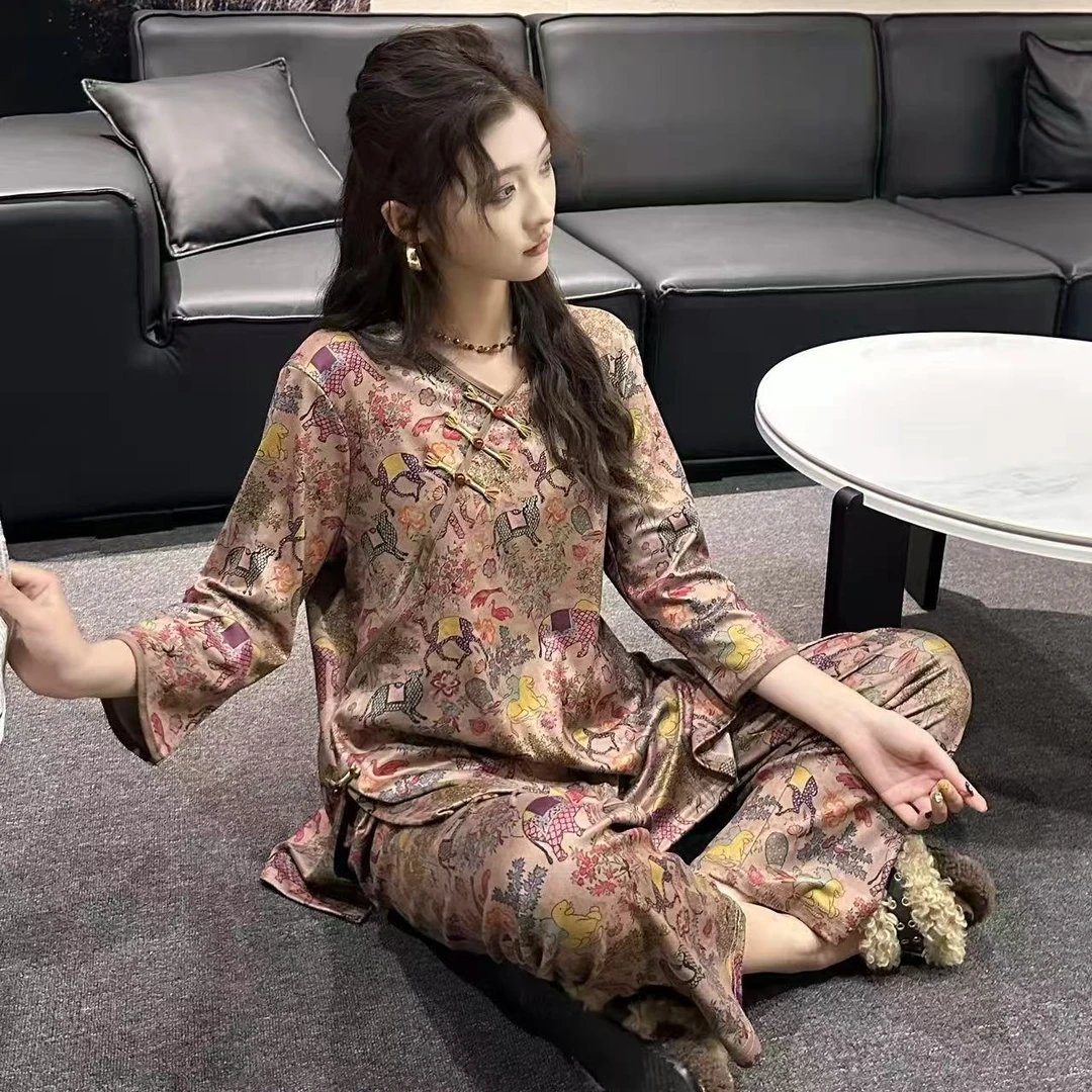秋冬睡衣复古中国风女士宽松印花气质七分袖九分裤家居服套装1128