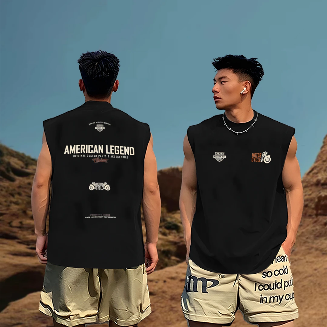 重磅纯棉背心男坎肩夏季透气潮流个性印花短袖无袖美式训练