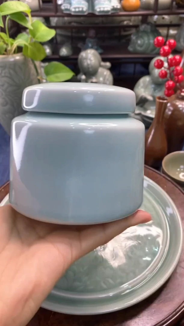 耀州窑微瑕处理400ml天青釉茶叶罐【b000108】1只 无密封