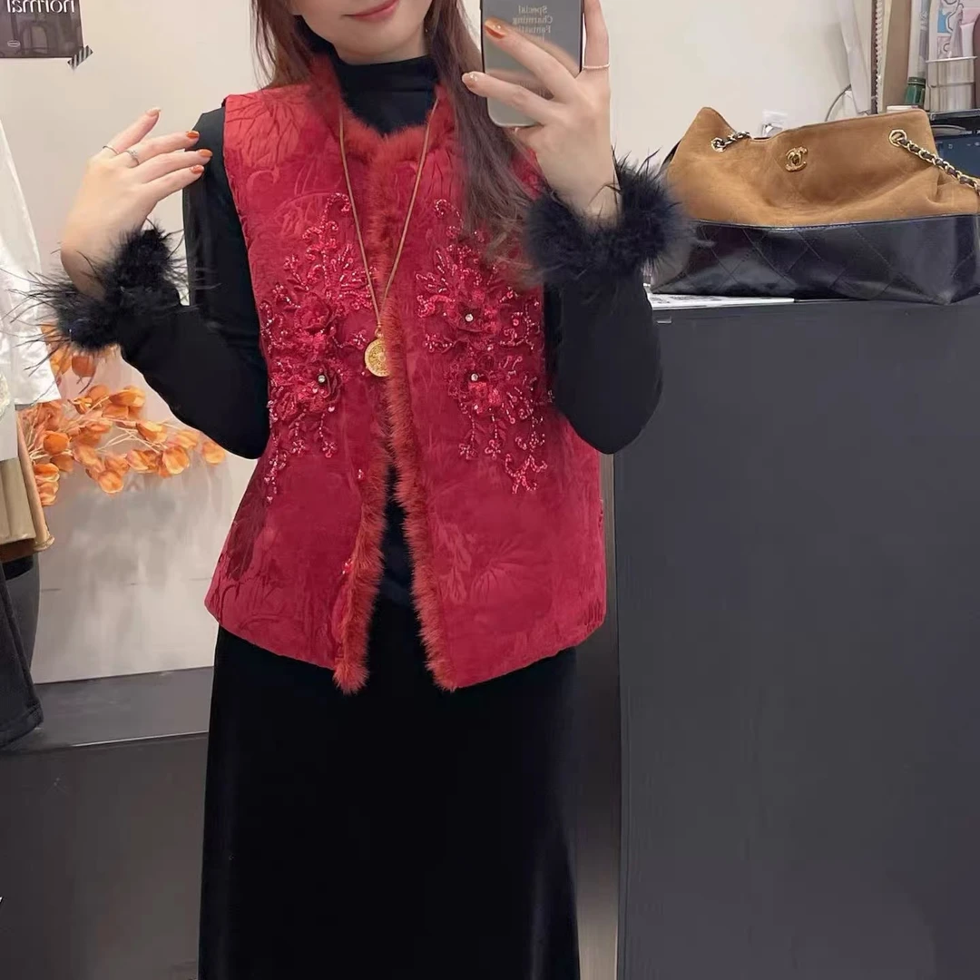 【晨浠定制】新款中式提花立体钉珠拼毛条夹棉马甲2729