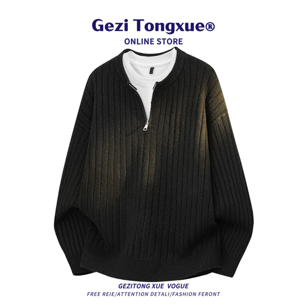 美式潮牌半拉链立领毛衣秋冬季新款高级感时尚纯色宽松套头毛衣男
