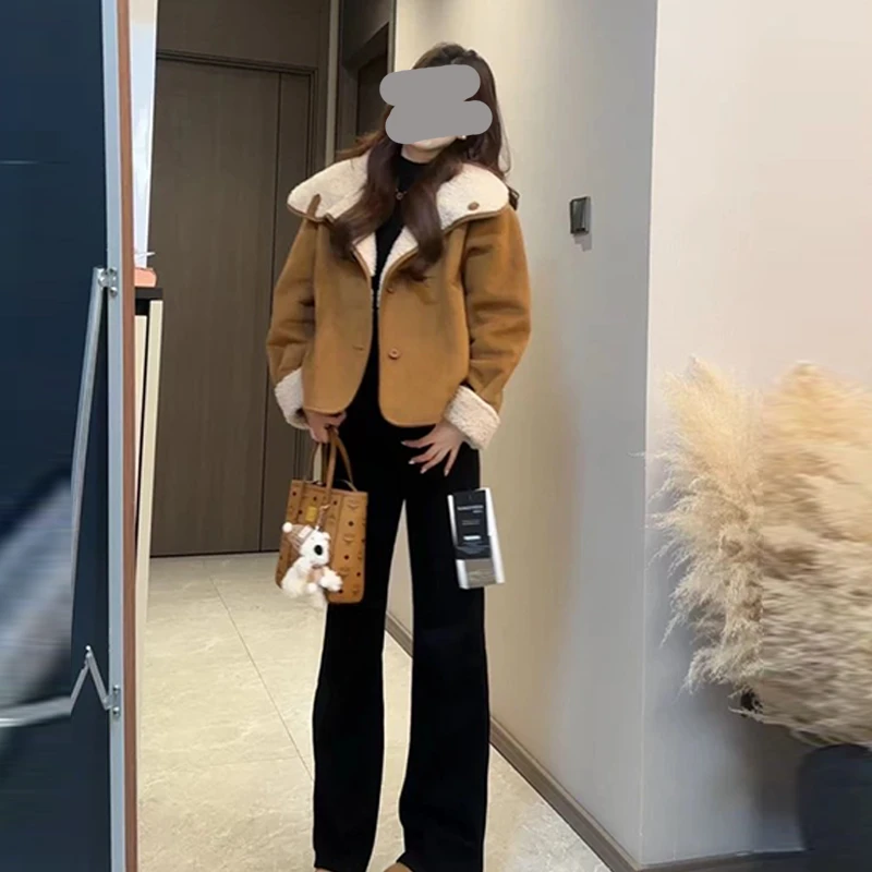 2025冬季新款加绒加厚百搭简约宽松外套女长袖纽扣开衫显瘦棉服潮