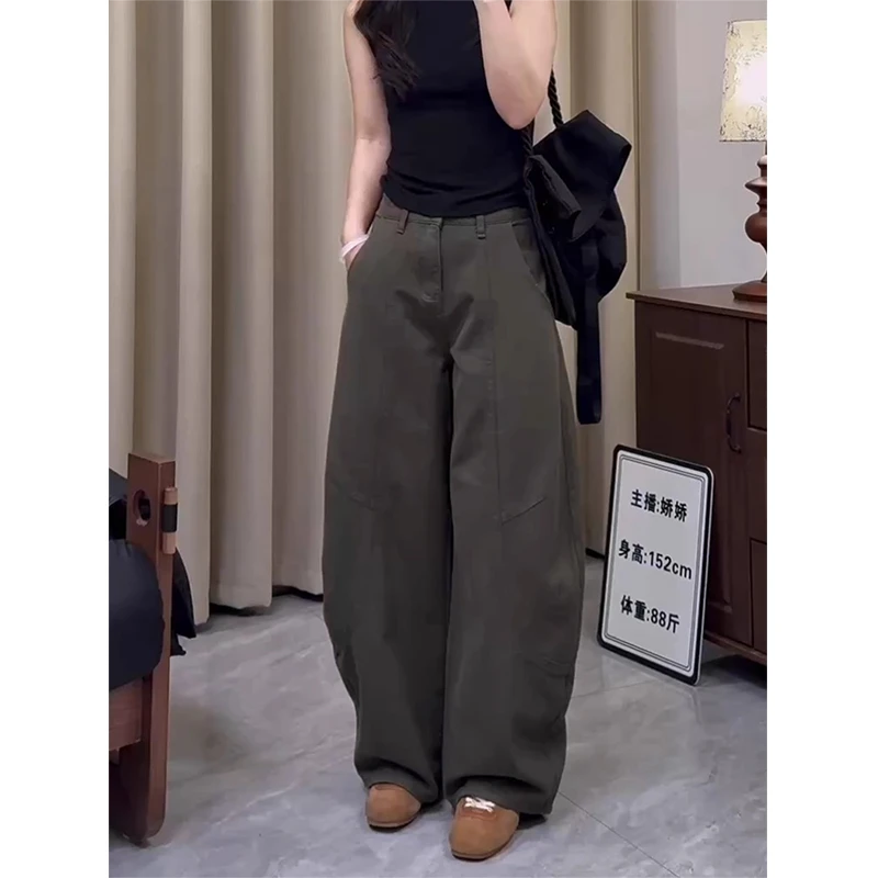 咖绿色复古弯刀阔腿裤女2025秋季新款高腰宽松显瘦百搭直筒拖地裤