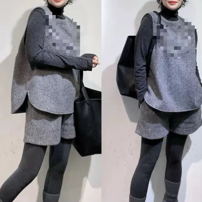 5223高领打底衫设计感马甲短裤三件套