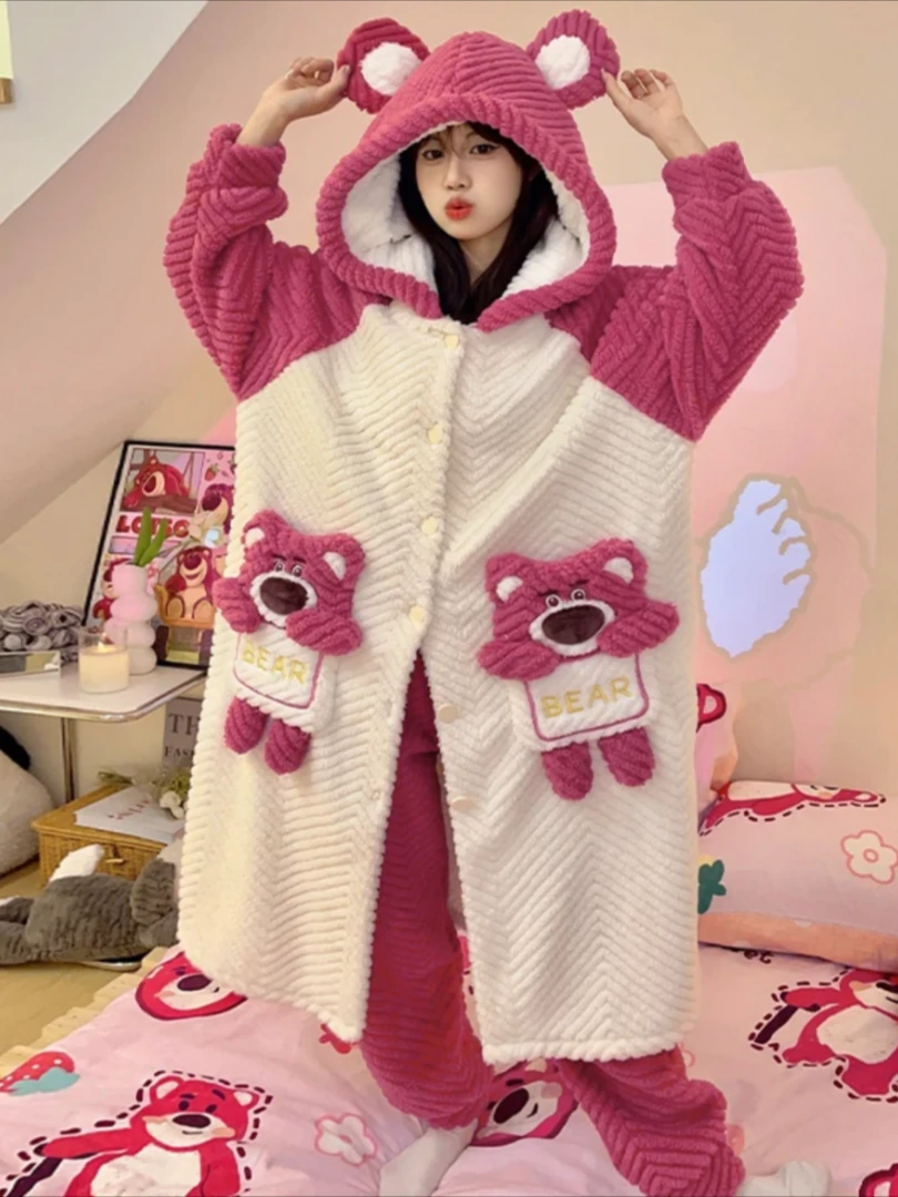 【一整套】睡袍女秋冬珊瑚绒加绒加厚法兰绒卡通连帽新款睡衣长款