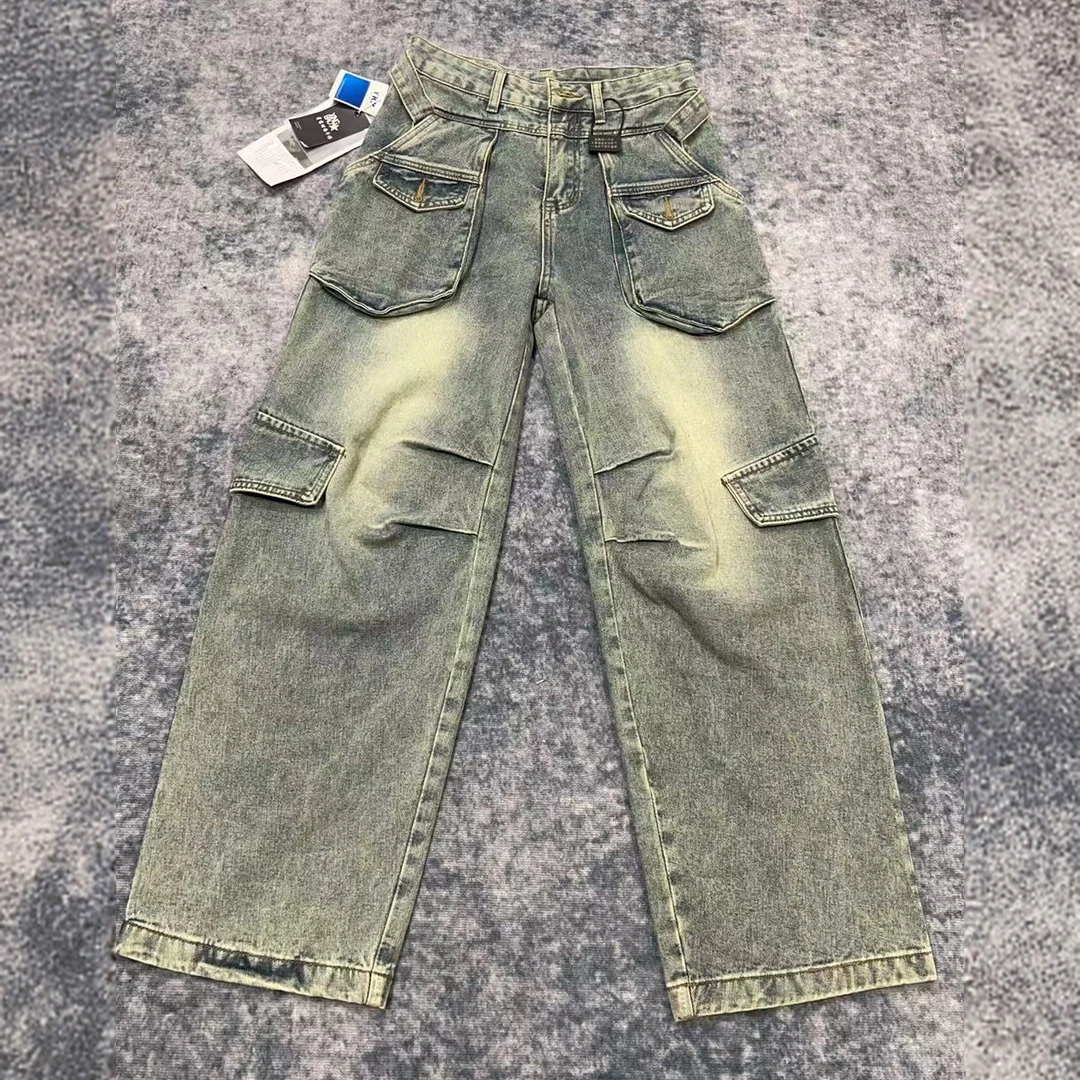 秋季新款时尚高腰做旧牛仔裤梨形身材显瘦遮肉宽松阔腿裤9088