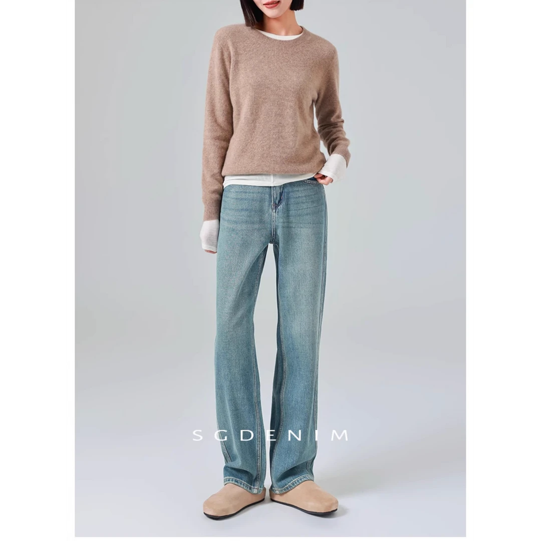 Basic/亲肤软面料基础款通勤休闲窄版直筒牛仔裤女高腰2025秋季