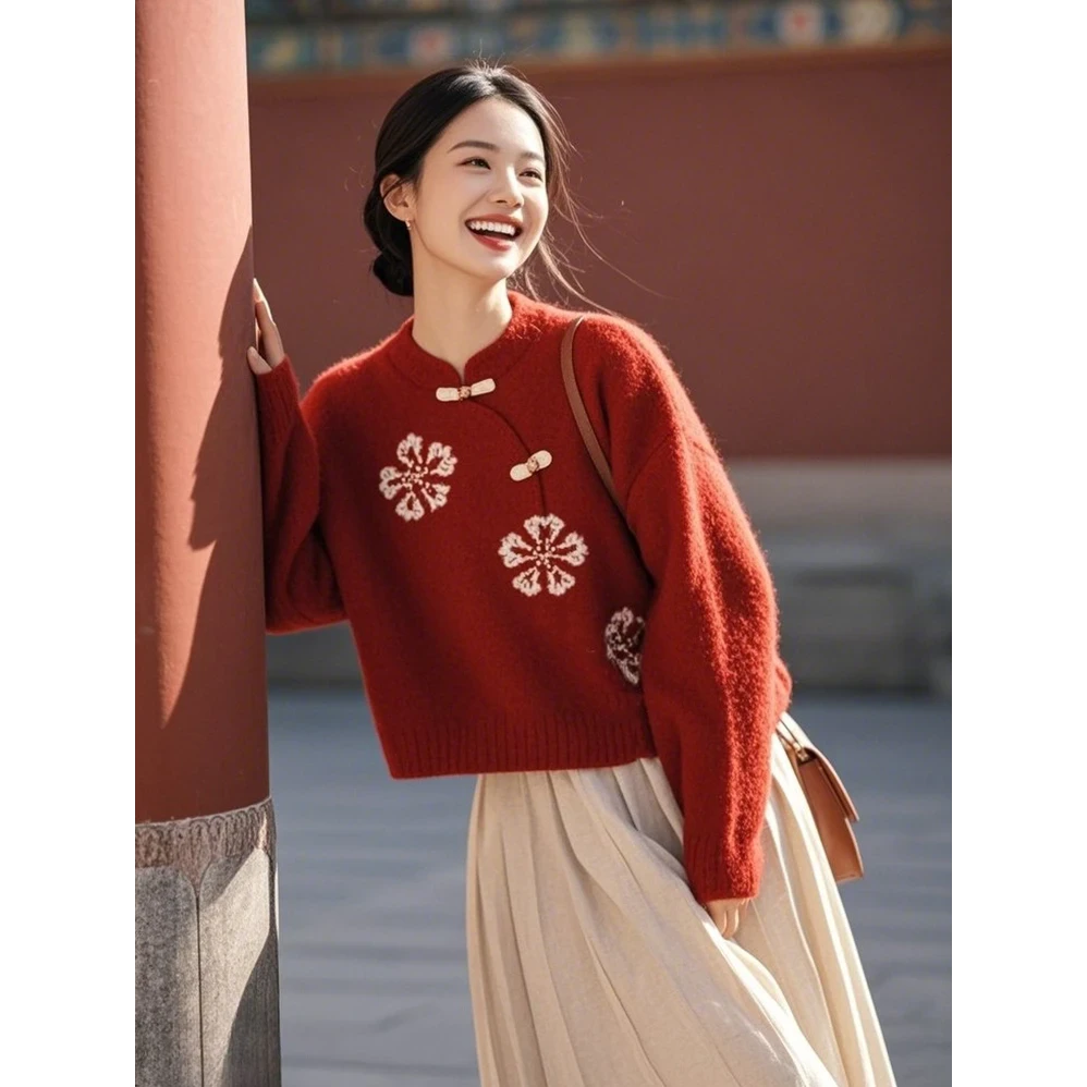 今年流行漂亮高级感超好看气质小个子新中式国风盘扣红色毛衣女装