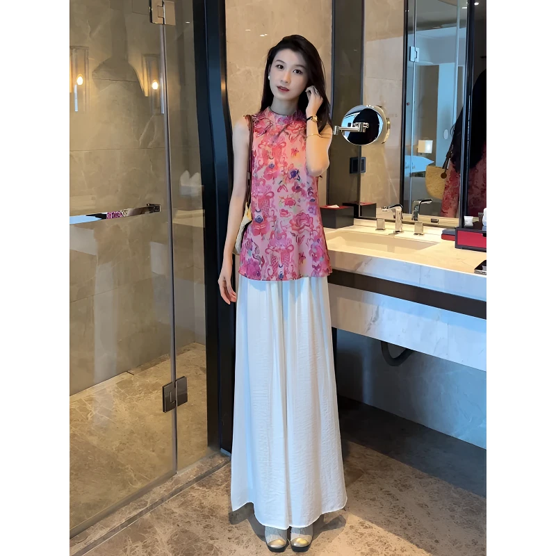 2025新中式提花无袖中长款中国风上衣+阔腿裤夏季清凉感两件套