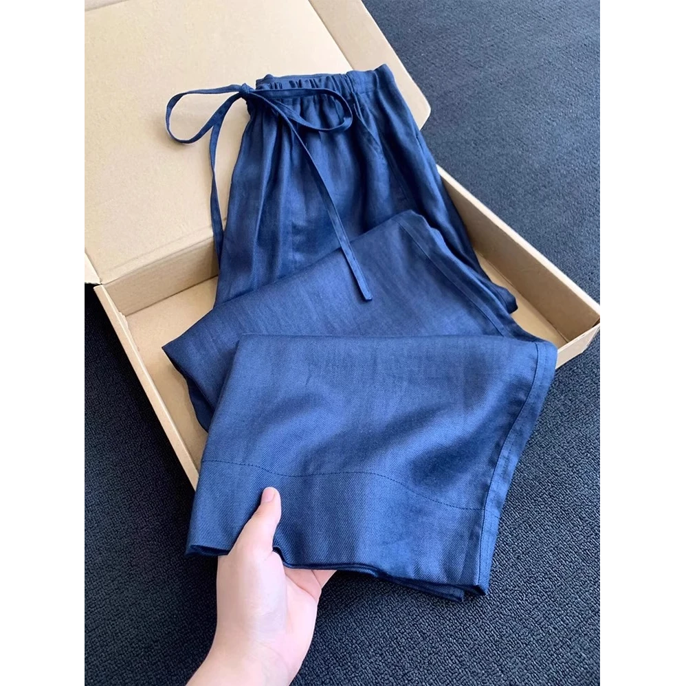 超好看时尚高级感蓝色阔腿休闲裤女夏季新款休闲百搭宽松显瘦长裤