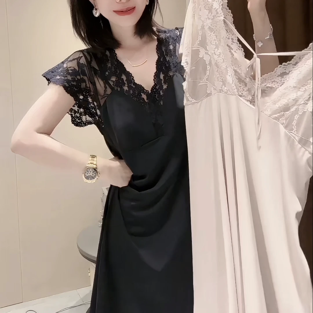 新款欧货时尚性感定制冰感蕾丝拼接睡裙