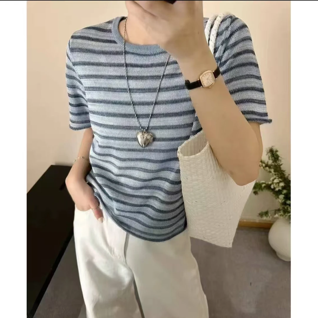 【大麦运费补贴】蓝色条纹圆领短袖上衣女