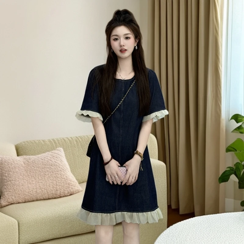 宿慕SUMU拼色花边圆领牛仔连衣裙2025新款圆领宽松薄款牛仔裙子