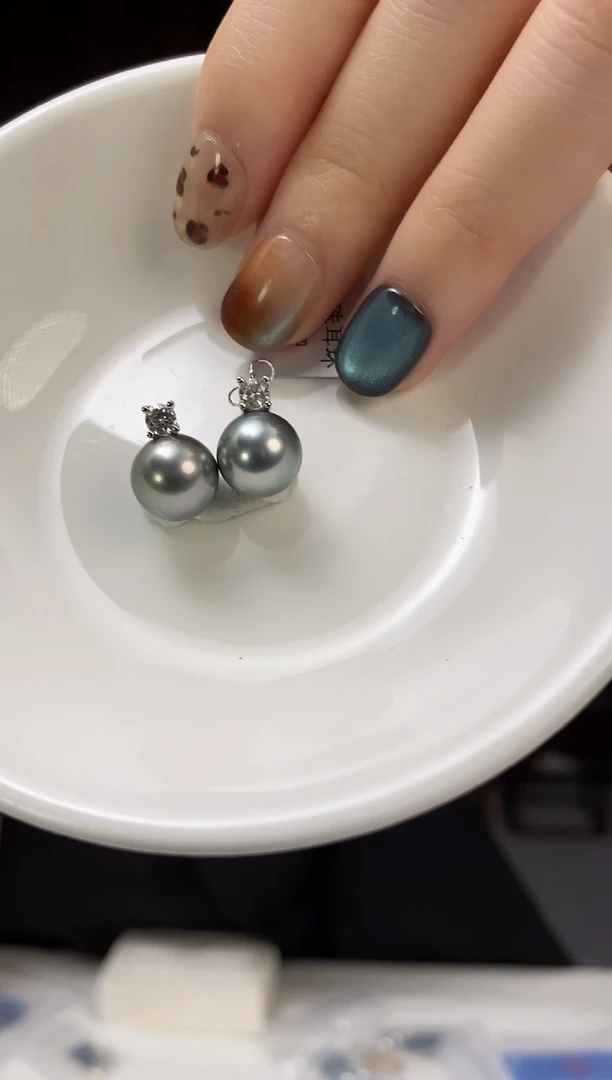 银S925镶嵌耳饰海水珍珠大溪地黑珍珠耳饰10-11