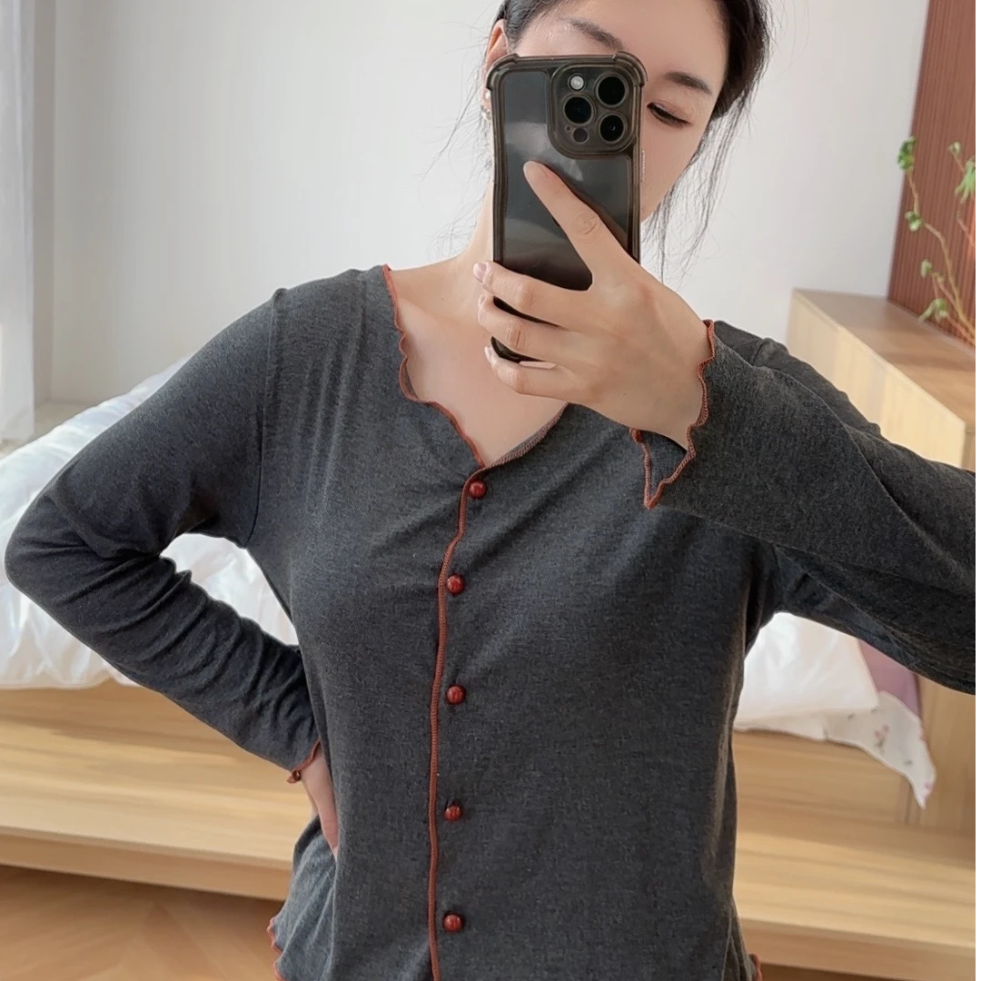 韩系简约甜美大方高级显瘦莫代尔纯棉花边早春款可外穿两件套