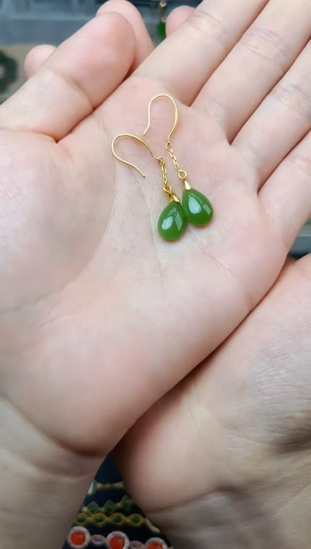 和田玉银S925镶嵌耳饰水滴耳钩06