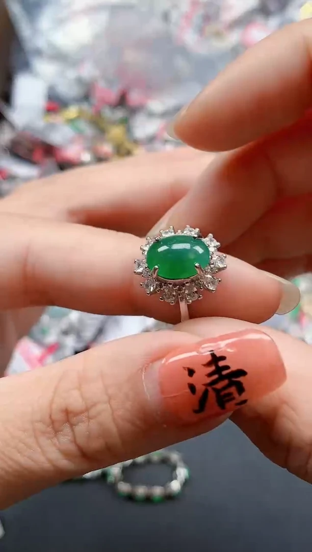 银S925镶嵌戒指翡翠天然A货缅甸翡翠