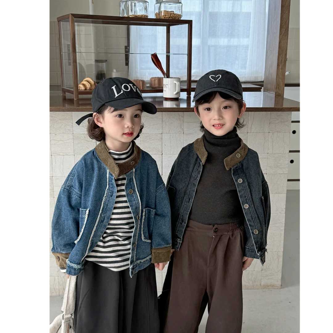 2025儿童秋季新款毛边牛仔外套男女宝宝撞色领夹克上衣简约洋气