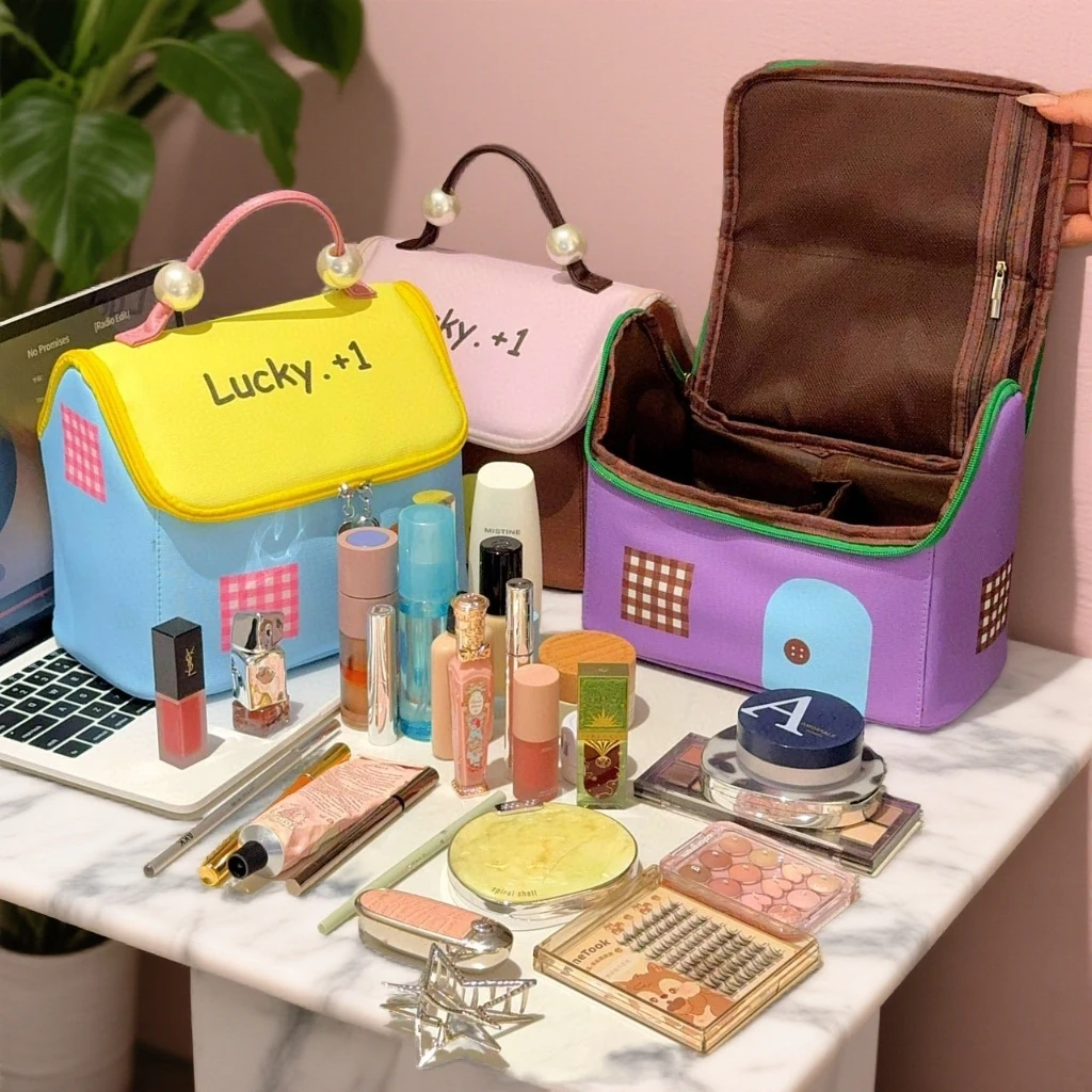 新款高颜值大容量便携房子化妆包手提撞色化妆品收纳包防水洗漱包