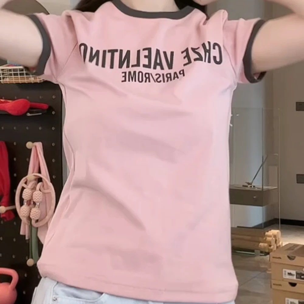 夏季拼色字母印花百搭休闲短袖女士T恤C5190