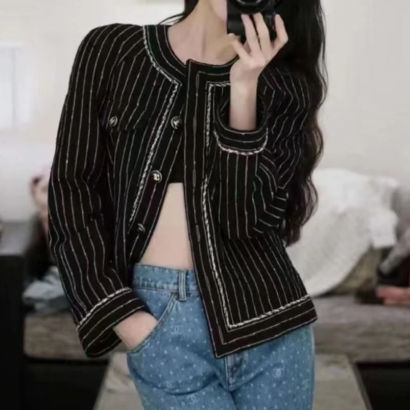 99新 Chanel/香奈儿 40码23P黑色拼银粉色竖条纹长袖外套
