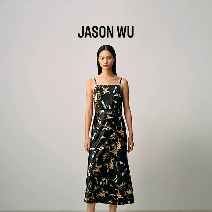 JASON WU 秋季新款缎面花卉印花吊带新中式裙子长裙连衣裙