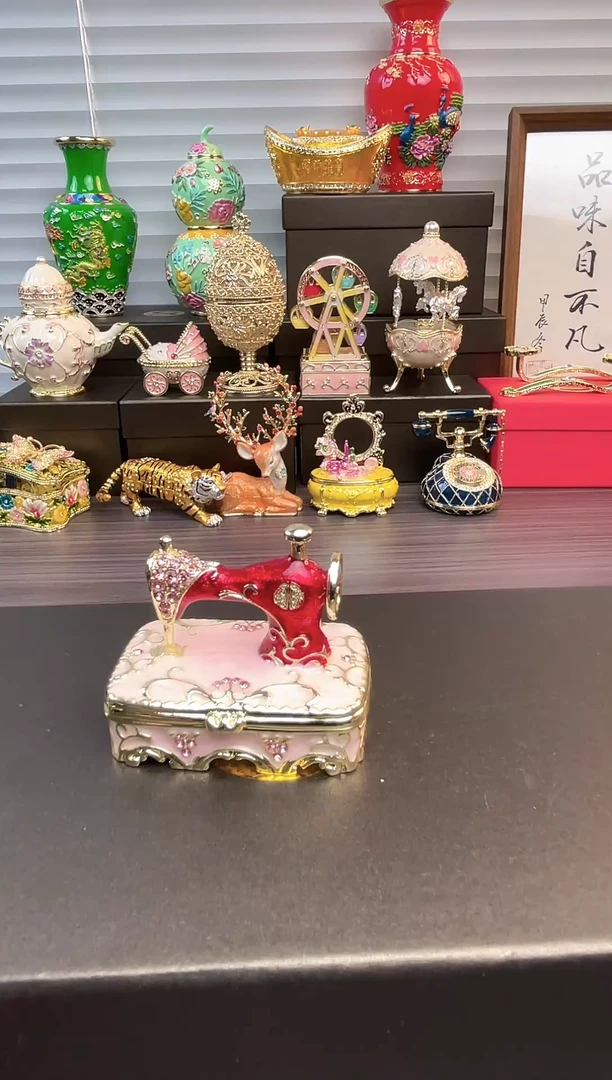 摆件七宝烧首饰盒    粉色缝纫机