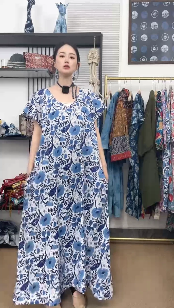 【闪购商品】印度长绒棉拓印彩色连衣裙 蓝白色