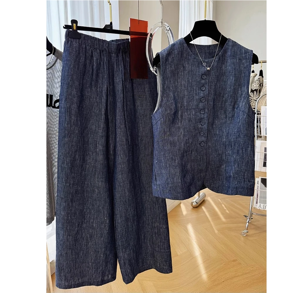 韩系夏日绝美小套装女夏高端纯亚麻修身马甲背心阔腿裤一整套穿搭