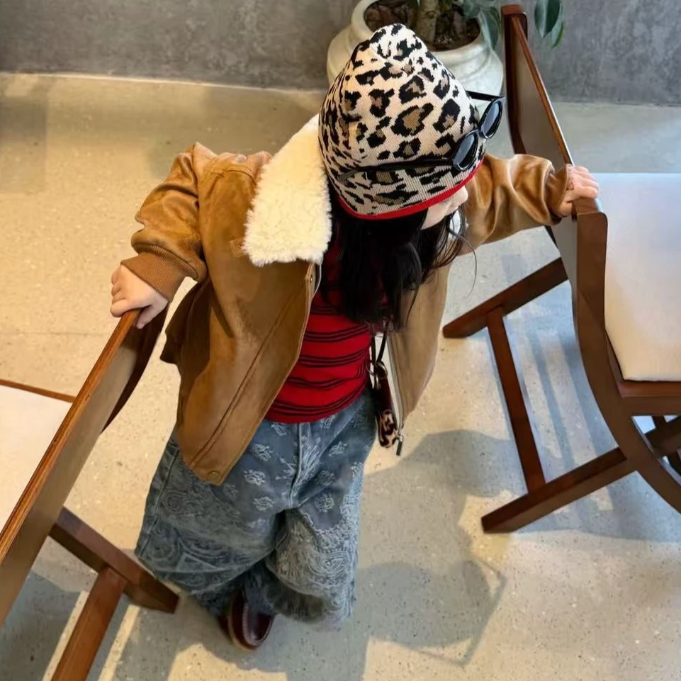 甜小七女童2025冬季新款韩版洋气机车外套条纹T恤阔腿牛仔裤套装