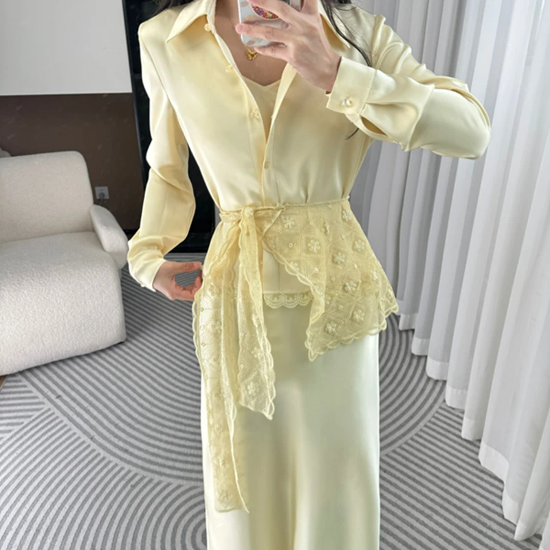 拉夏贝尔25年秋季通勤法式温柔蕾丝显瘦时尚衬衫连衣裙 10294 lqj