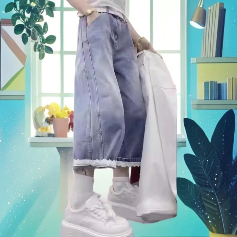 大码欧货蕾丝拼接八分牛仔裤子女春夏胖mm显瘦宽松直筒阔腿奶奶裤